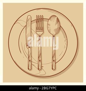 Couverts et assiettes vintage esquissés à la main pour l'illustration vectorielle de la conception de menus de restaurant Illustration de Vecteur