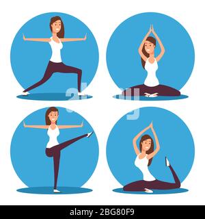 Jeune femme faisant des exercices de yoga et des illustrations vectorielles de méditation de set isolé sur blanc Illustration de Vecteur