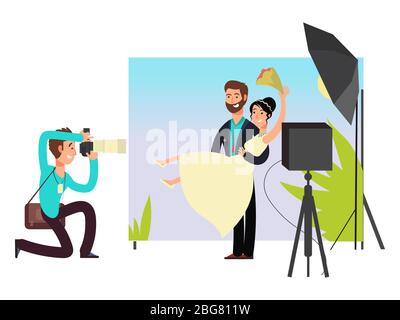 Séance photo de mariage en studio avec des personnages de dessin animé de newlyweds. Illustration vectorielle Illustration de Vecteur