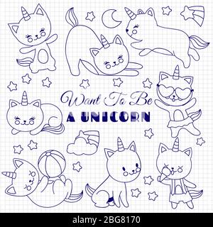 Des chats mignons comme un ensemble vectoriel unicorn. Chatons de dessin animé sur la page de bloc-notes de l'école. Illustration du dessin de chat unicorn, sourire animal drôle Illustration de Vecteur