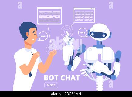 Concept Chatbot. Homme discutant avec chat bot. Illustration vectorielle du service d'assistance clientèle. Discutez avec le robot, assistance de communication de service Illustration de Vecteur