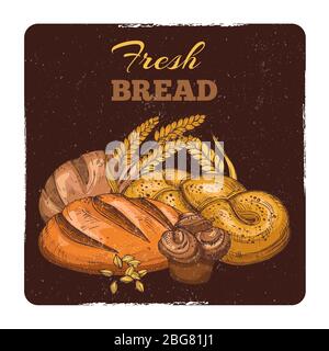 Motif emblème de la boulangerie. Concept vectoriel de pain frais esquissé à la main. Pain boulangerie alimentaire, bannière d'emblème de croquis pour l'illustration de magasin Illustration de Vecteur