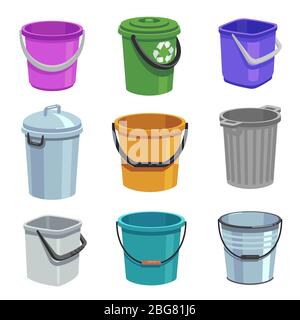 Kit de seau et de seau. Vider les récipients avec poignée, poubelles et seaux à eau. Ensemble isolé de dessin animé. Seau de conteneur pour ordures, vecteur illus Illustration de Vecteur