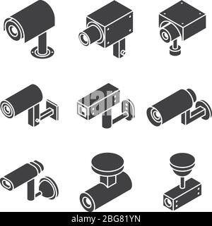 Surveillance caméra de télévision extérieure, caméras de sécurité cctv vecteur isolé icônes. Illustration de la vidéo du système de contrôle de protection Illustration de Vecteur