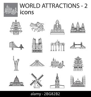 Ligne d'icône World attractions, scénario linéaire. Signes noirs, symboles. Icônes pour le tourisme. Ensemble d'icônes élégantes sur un fond blanc. Illustration de Vecteur