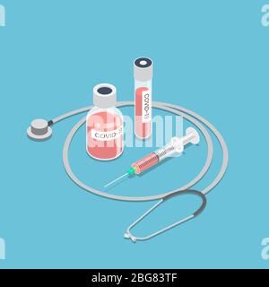 COVID-19 isométrique plat en 3 dimensions ou coronavirus dans le vaccin à tube sous vide avec stéthoscope et seringue. Concept de vaccin contre le Covid-19 ou le coronavirus. Illustration de Vecteur