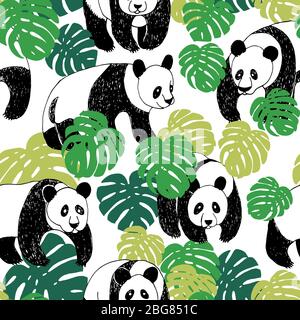 Motif Panda transparent dans le style d'esquisse. Dessin à la main panda illustration de modèle avec des feuilles de monstera, vecteur. Mignon caricature animal sauvage. Enfants Illustration de Vecteur