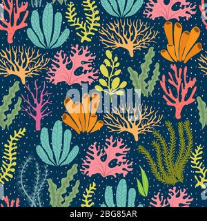 Motif sans coutures aux algues. Plantes marines vecteur marin texture sans fin. Corail de récif sous-marin et illustration de plantes d'algues Illustration de Vecteur