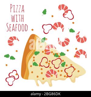 Tranche de pizza aux fruits de mer avec ingrédients isolés sur blanc. Bannière et affiche de l'illustration vectorielle Illustration de Vecteur