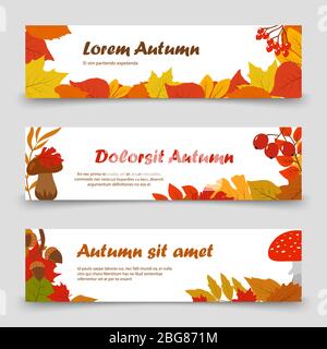 Bannières d'octobre. Feuilles dorées d'automne sur des bannières horizontales affiches de set. Illustration vectorielle Illustration de Vecteur