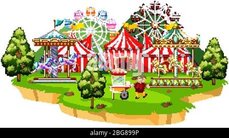 Scène avec de nombreux manèges dans l'illustration du parc de cirque Illustration de Vecteur