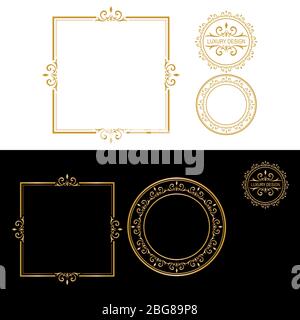 Collection de cadres dorés de luxe, ornement de bordure, bordure d'invitation et cadre de texte, sur fond blanc et noir. Illustration de Vecteur