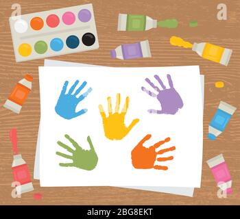 Tubes à peinture, palette, toile avec des imprimés colorés. Thérapie artistique. Illustration de Vecteur