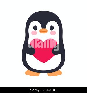 Joli personnage de pingouin à motif dessin animé tenant le cœur. Illustration d'art vectoriel isolée de petit pingouin de Kawaii. Je t'aime carte de vœux. Illustration de Vecteur