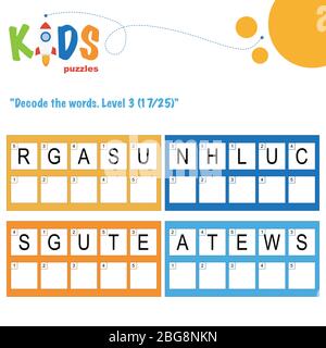 Décoder les mots de 5 lettres. Pratique sur les feuilles de travail pour les enfants d'âge préscolaire, élémentaire et intermédiaire. Fiche d'activité du puzzle logique amusant. Illustration de Vecteur