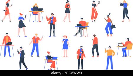 Personnes avec appareils. Les hommes et les femmes utilisent un ordinateur portable, une tablette et un smartphone, des personnages avec des appareils Internet, tenant et utilisant des gadgets numériques Illustration de Vecteur