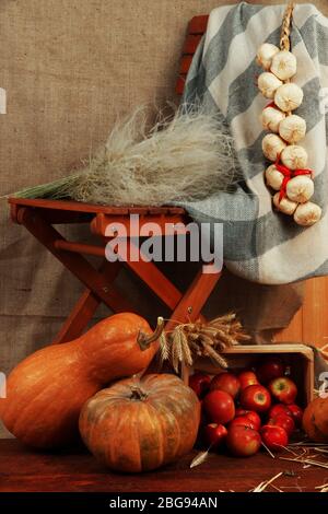 Pommes en caisse et citrouilles sur planche en bois et chaise sur fond de toile de rackée Banque D'Images