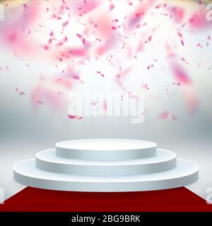 Tapis rouge et podium rond avec lumières et effet confettis, fond abstrait. SPE 10 Illustration de Vecteur