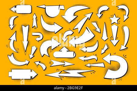 Flèche diverses directions comique pop art set. Collection infographie de style dessin animé des années 80 à 90. Flèche rétro du curseur vide. Design vintage différentes flèches symbole haut, gauche droite bas. Illustration vectorielle Illustration de Vecteur