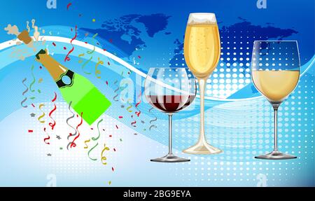 différents types de verre à vin avec bouteille de champagne Illustration de Vecteur