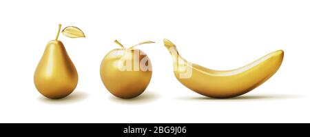 Placez une banane dorée réaliste, une pomme et une poire isolées sur fond blanc. Modèle tridimensionnel pour les produits, la publicité, les bannières Web, les dépliants. Vecteur Illustration de Vecteur