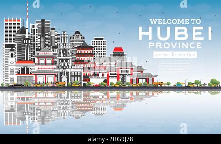 Bienvenue dans la province de Hubei en Chine. City Skyline avec bâtiments gris et ciel bleu. Illustration vectorielle. Concept de tourisme avec architecture historique. Illustration de Vecteur