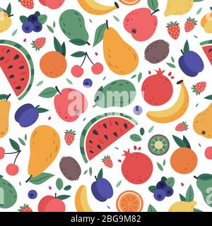 Fruits sans couture. Fruits à doiche tirés à la main, papier d'emballage, tissu végétalien ou menu végétarien, pastèque, mangue, banane et fraise Illustration de Vecteur