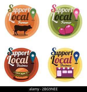 Illustration de conception vectorielle pour la campagne de crise marketing 4 logo de soutien produit local fermier ou ensemble d'affaires Illustration de Vecteur