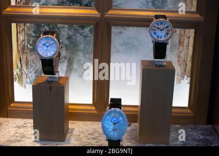 Genève, Suisse, mars 2020 Franck Muller montre, vitrelle boutique avec montres mécaniques à la mode, maître des complications Banque D'Images