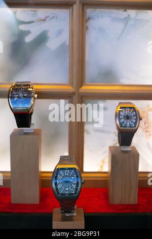 Genève, Suisse, mars 2020 Franck Muller montre, vitrelle boutique avec montres mécaniques à la mode, maître des complications Banque D'Images