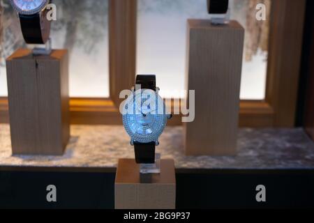 Genève, Suisse, mars 2020 Franck Muller montre, vitrelle boutique avec montres mécaniques à la mode, maître des complications Banque D'Images
