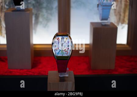 Genève, Suisse, mars 2020 Franck Muller montre, vitrelle boutique avec montres mécaniques à la mode, maître des complications Banque D'Images