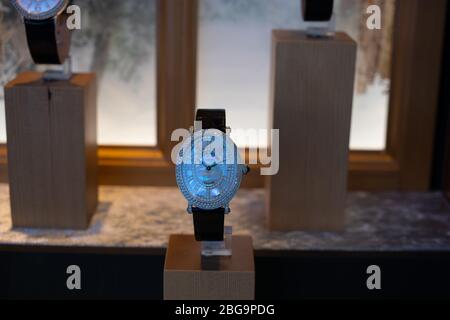 Genève, Suisse, mars 2020 Franck Muller montre, vitrelle boutique avec montres mécaniques à la mode, maître des complications Banque D'Images