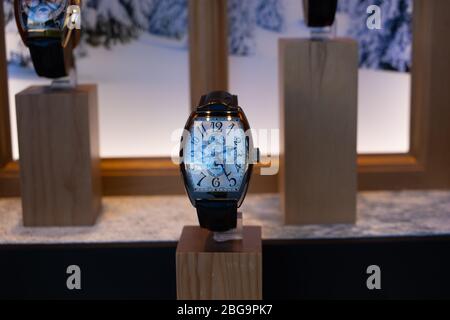 Genève, Suisse, mars 2020 Franck Muller montre, vitrelle boutique avec montres mécaniques à la mode, maître des complications Banque D'Images