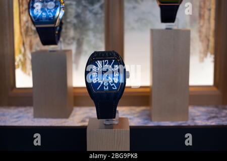 Genève, Suisse, mars 2020 Franck Muller montre, vitrelle boutique avec montres mécaniques à la mode, maître des complications Banque D'Images