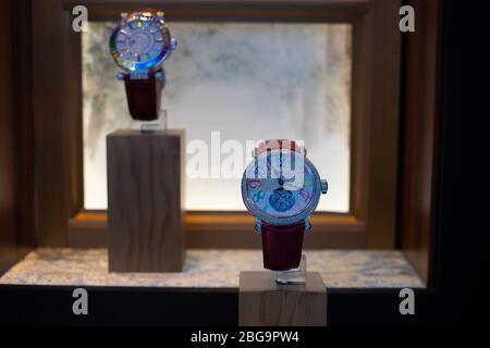 Genève, Suisse, mars 2020 Franck Muller montre, vitrelle boutique avec montres mécaniques à la mode, maître des complications Banque D'Images
