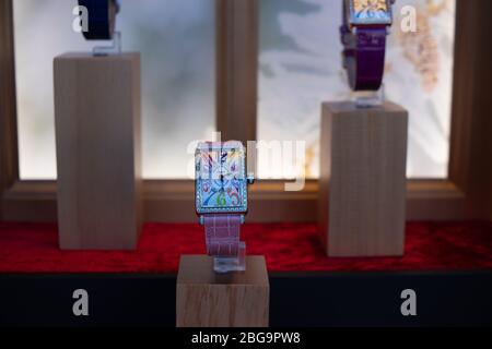 Genève, Suisse, mars 2020 Franck Muller montre, vitrelle boutique avec montres mécaniques à la mode, maître des complications Banque D'Images