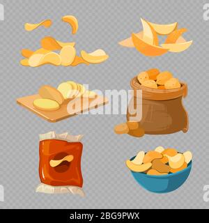 Chips de pommes de terre sautées salées en-cas isolés sur fond transparent. Illustration du vecteur alimentaire Illustration de Vecteur