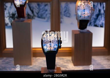 Genève, Suisse, mars 2020 Franck Muller montre, vitrelle boutique avec montres mécaniques à la mode, maître des complications Banque D'Images