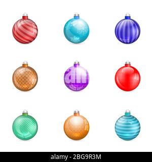 Jouets brillants pour arbres de noël isolés sur fond blanc, illustration vectorielle. Ensemble d'éléments de conception pour cartes de vœux, bannières du nouvel an. Illustration de Vecteur