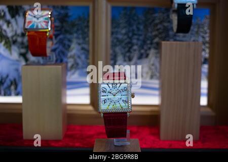 Genève, Suisse, mars 2020 Franck Muller montre, vitrelle boutique avec montres mécaniques à la mode, maître des complications Banque D'Images