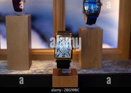 Genève, Suisse, mars 2020 Franck Muller montre, vitrelle boutique avec montres mécaniques à la mode, maître des complications Banque D'Images