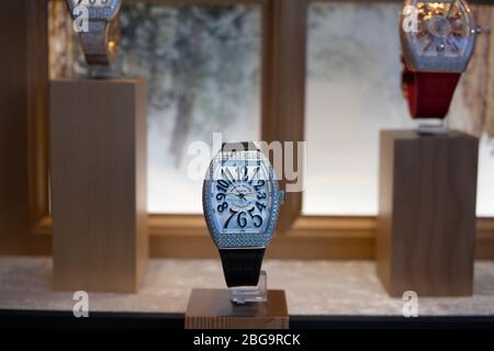 Genève, Suisse, mars 2020 Franck Muller montre, vitrelle boutique avec montres mécaniques à la mode, maître des complications Banque D'Images