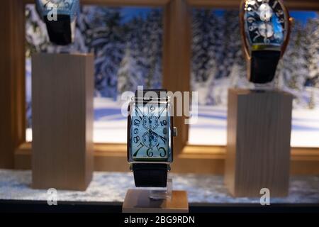 Genève, Suisse, mars 2020 Franck Muller montre, vitrelle boutique avec montres mécaniques à la mode, maître des complications Banque D'Images