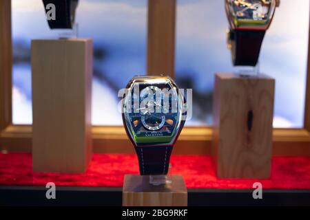 Genève, Suisse, mars 2020 Franck Muller montre, vitrelle boutique avec montres mécaniques à la mode, maître des complications Banque D'Images