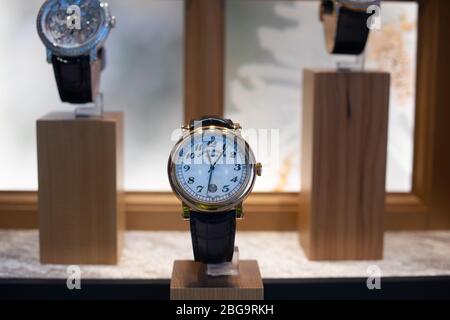 Genève, Suisse, mars 2020 Franck Muller montre, vitrelle boutique avec montres mécaniques à la mode, maître des complications Banque D'Images