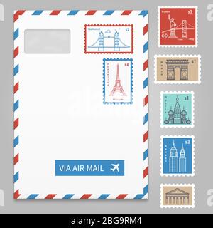 Enveloppe avec timbres-poste avec ligne de voyage ville sites nationaux. Illustration vectorielle Illustration de Vecteur