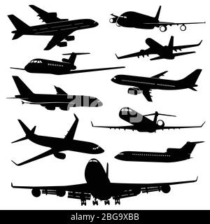 Avion aérien, silhouettes vectorielles de jet d'avion. Jeu d'illustrations de transport et de voyage noir monochrome Illustration de Vecteur