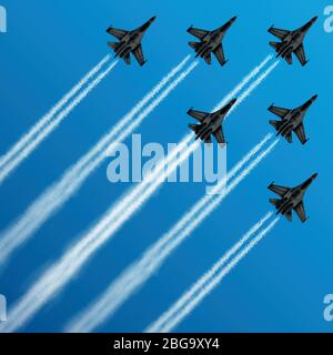 Avions de chasse militaires avec des sentiers de condensation dans l'illustration du vecteur aérien. Avion, militaire, spectacle, vol, sentier, ciel, performance, armée d'avion, chasseur en vol Illustration de Vecteur