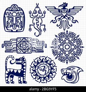 Stylo bille american aztec, totems natifs de la culture maya sur fond de cahier. Mascotte indienne et mexicaine. Illustration vectorielle Illustration de Vecteur